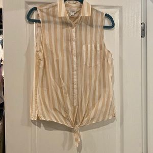 JCrew, size small, tan and white striped, sleeveless button down.